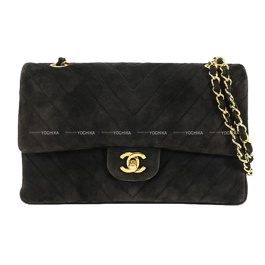 [Pre-loved] CHANEL Shoulder bag Chain W Flap 25 Bag V-Stitch Chevron COCO Mark Vintage Noir (Black) Suede cal Silver HW[USED AB][Authentic]