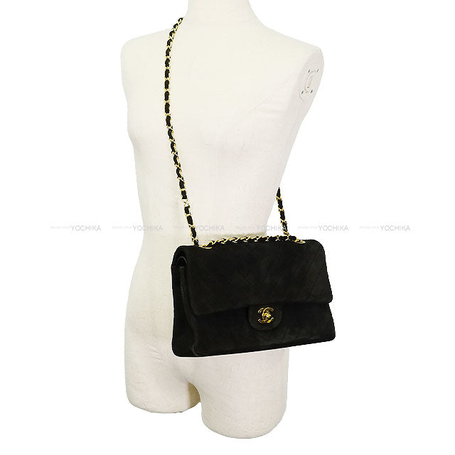 [Pre-loved] CHANEL Shoulder bag Chain W Flap 25 Bag V-Stitch Chevron COCO Mark Vintage Noir (Black) Suede cal Silver HW[USED AB][Authentic]