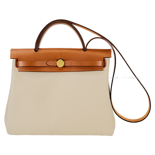 HERMES Shoulder bag HerBag Zip 31 PM Gold/Beton/Fauve Toile Militaire/Vache Hunter Pouch W:9.1" H:5.5" Gold HW Stamp B[EXCELLENT][Authentic]