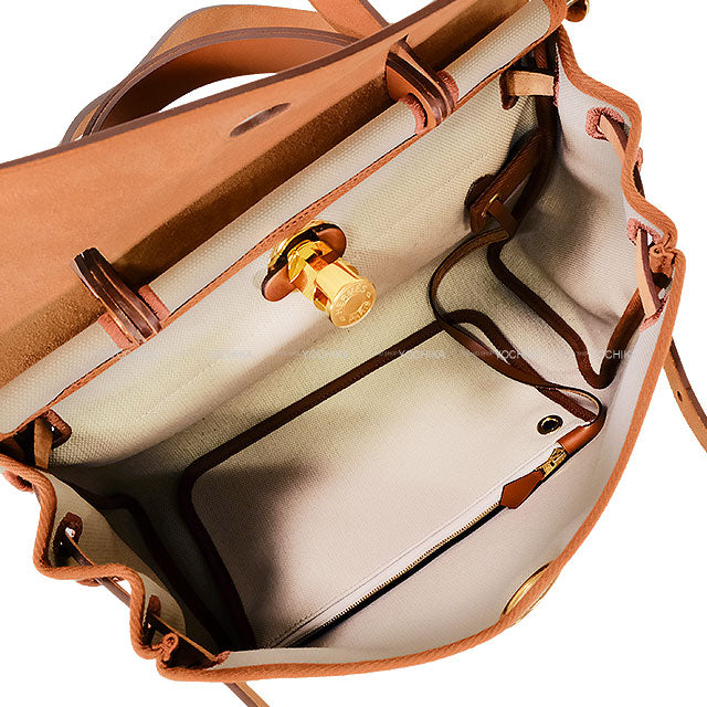 HERMES Shoulder bag HerBag Zip 31 PM Gold/Beton/Fauve Toile Militaire/Vache Hunter Pouch W:9.1" H:5.5" Gold HW Stamp B[EXCELLENT][Authentic]