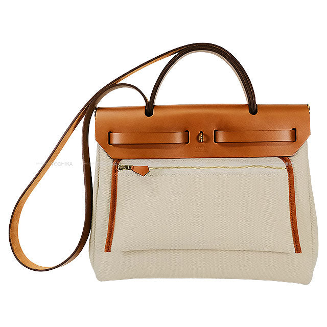 HERMES Shoulder bag HerBag Zip 31 PM Gold/Beton/Fauve Toile Militaire/Vache Hunter Pouch W:9.1" H:5.5" Gold HW Stamp B[EXCELLENT][Authentic]