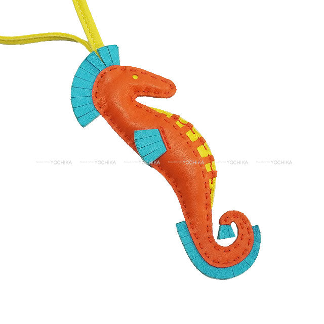 [Pre-loved] HERMES bag charm Hippo Seahorse Orange Poppy/Bleu Azteque/Lime Agneau Milo Stamp B[LIKE NEW][Authentic]