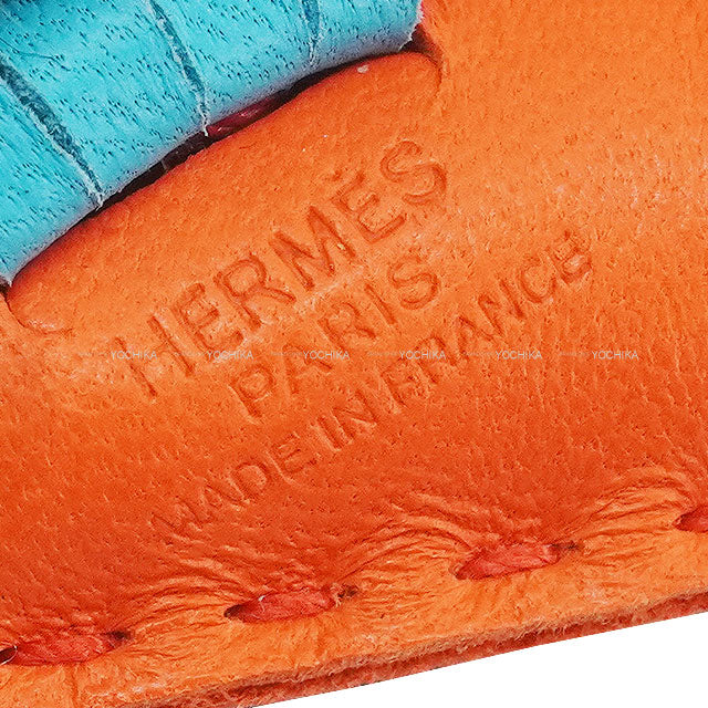 [Pre-loved] HERMES bag charm Hippo Seahorse Orange Poppy/Bleu Azteque/Lime Agneau Milo Stamp B[LIKE NEW][Authentic]