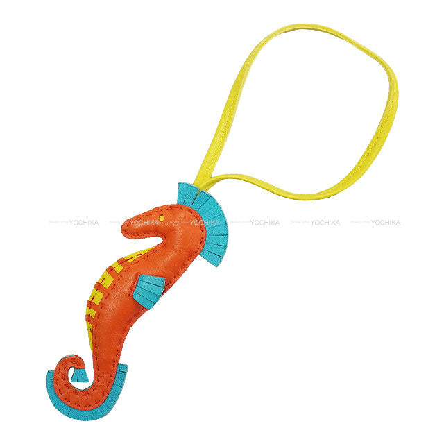 [Pre-loved] HERMES bag charm Hippo Seahorse Orange Poppy/Bleu Azteque/Lime Agneau Milo Stamp B[LIKE NEW][Authentic]