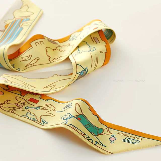 2024SS HERMES scarf Twilly Dog of the Parisian Jaune/Orange/Vert Silk100%[BRAND NEW][Authentic]