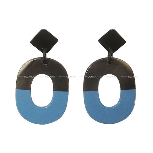 [Pre-loved] HERMES pierced earring Isthme Brown/Blue Buffalo Horn Silver HW[LIKE NEW][Authentic]