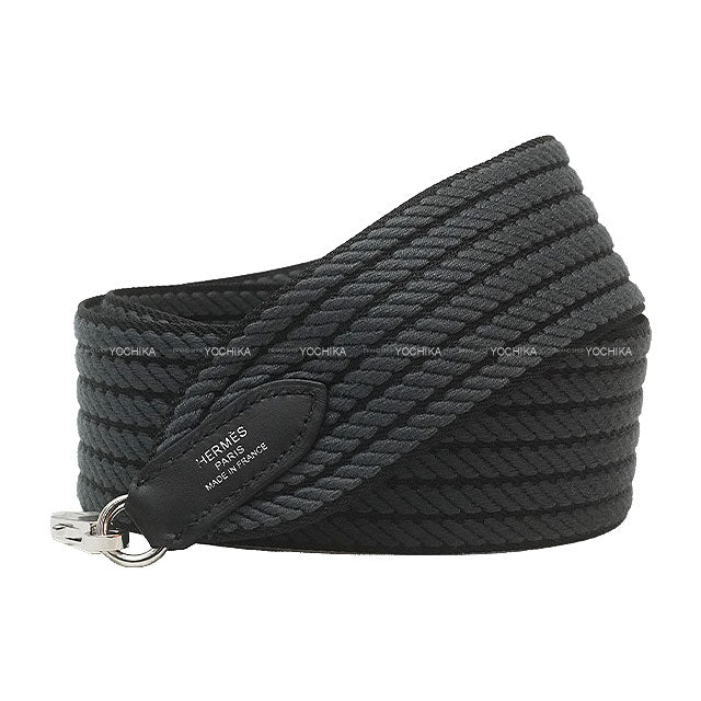 HERMES shoulder strap Bandouliere 50mm 85cm Sangles Cordage Noir (Black)/Gris Misty Toile H/Veau Swift Silver HW Stamp W[BRAND NEW][Authentic]
