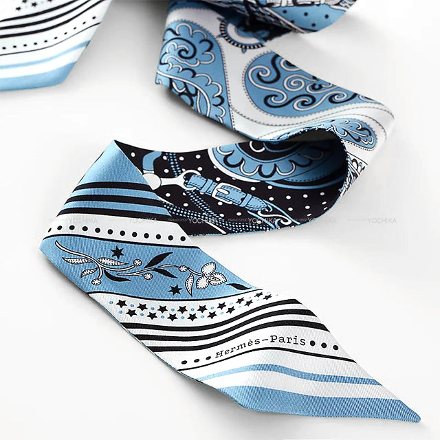 2025New HERMES scarf Twilly Festival Des Amazones Bandana Bleu Jean/Blanc (White)/Noir (Black) Silk100%[BRAND NEW][Authentic]