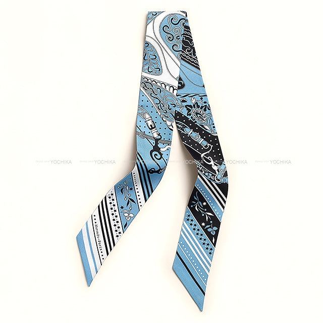 2025New HERMES scarf Twilly Festival Des Amazones Bandana Bleu Jean/Blanc (White)/Noir (Black) Silk100%[BRAND NEW][Authentic]