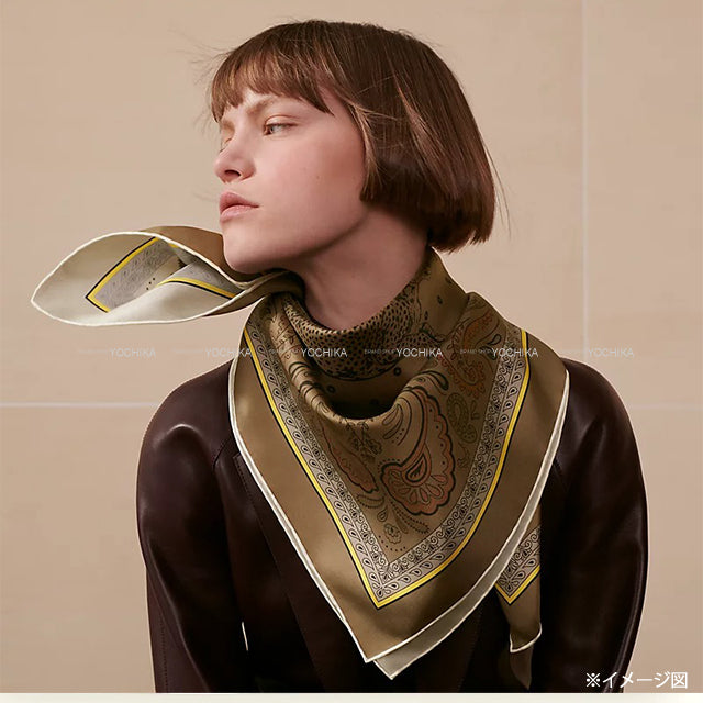 HERMES scarf Carre 90 Double face cheetah bandana Gris Perle/Orange Silk100% 904166505[BRAND NEW][Authentic]