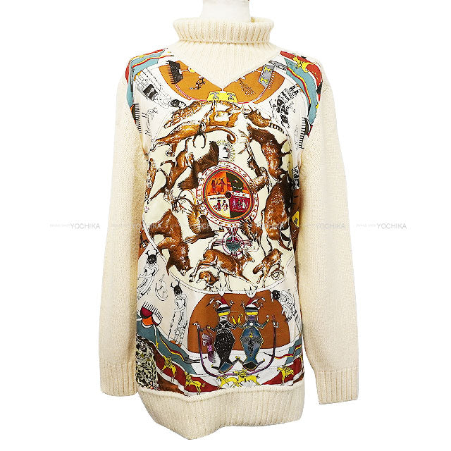[Pre-loved] HERMES Knit Martin Margiela Les Mythologies Des Hommes Rouges Panels Turtleneck Ivory/Multi Color Silk/Wool #M[USED SA][Authentic]