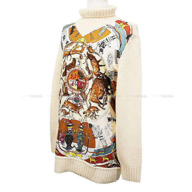 [Pre-loved] HERMES Knit Martin Margiela Les Mythologies Des Hommes Rouges Panels Turtleneck Ivory/Multi Color Silk/Wool #M[USED SA][Authentic]
