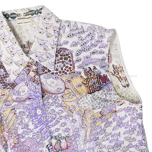[Pre-loved] HERMES Blouse by Martin Margiela Rencontre Oceane Sleeveless Purple/Multi Color Silk100% #38[USED SA][Authentic]