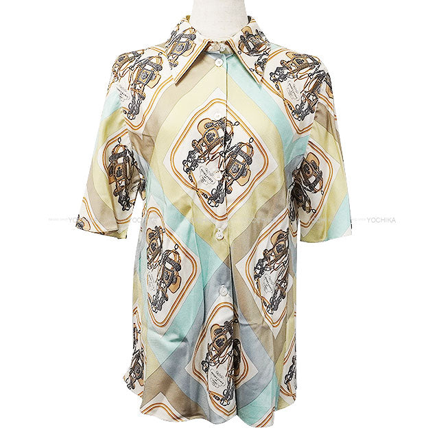 [Pre-loved] HERMES Blouse Vintage Short-Sleeve Shirt Brides de Gala Ivory/Multi Color Silk100% #40[USED A][Authentic]
