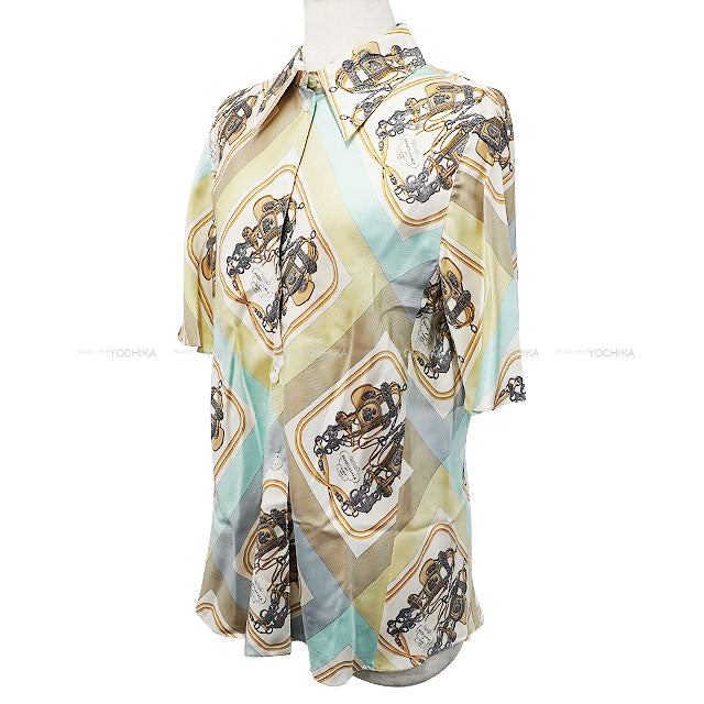[Pre-loved] HERMES Blouse Vintage Short-Sleeve Shirt Brides de Gala Ivory/Multi Color Silk100% #40[USED A][Authentic]