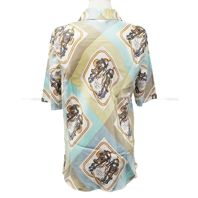 [Pre-loved] HERMES Blouse Vintage Short-Sleeve Shirt Brides de Gala Ivory/Multi Color Silk100% #40[USED A][Authentic]