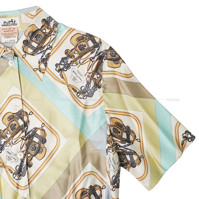 [Pre-loved] HERMES Blouse Vintage Short-Sleeve Shirt Brides de Gala Ivory/Multi Color Silk100% #40[USED A][Authentic]