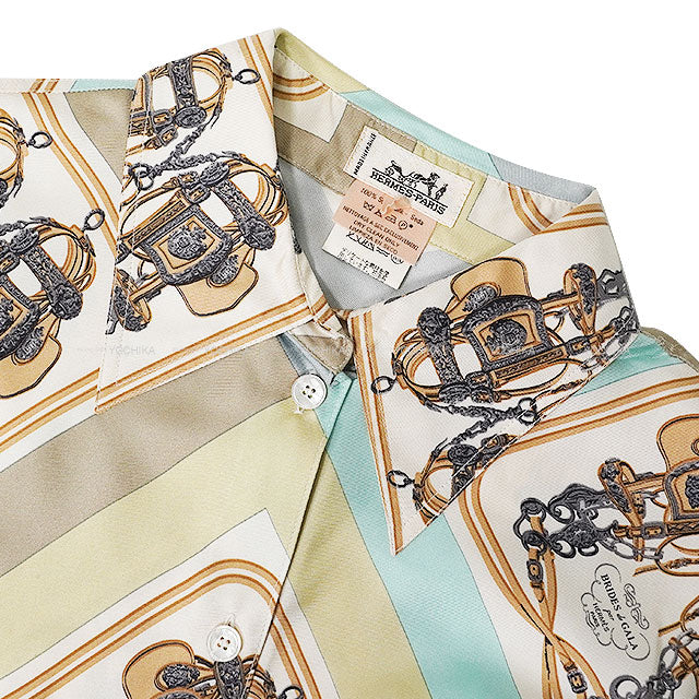 [Pre-loved] HERMES Blouse Vintage Short-Sleeve Shirt Brides de Gala Ivory/Multi Color Silk100% #40[USED A][Authentic]