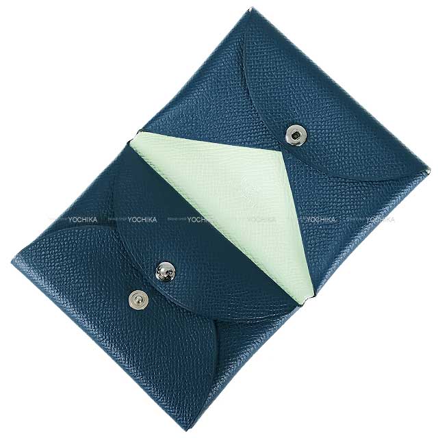 HERMES card holder Calvi Duo Bleu de Prusse/Vert Fizz Veau Epsom Silver HW Stamp W[BRAND NEW][Authentic]