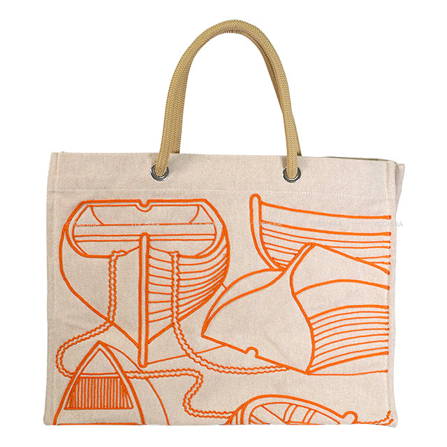 [Pre-loved] HERMES tote bag Beach Bag Cabas De Plage Thalassa Beige/Orange Toile Brodee Silver HW[LIKE NEW][Authentic]
