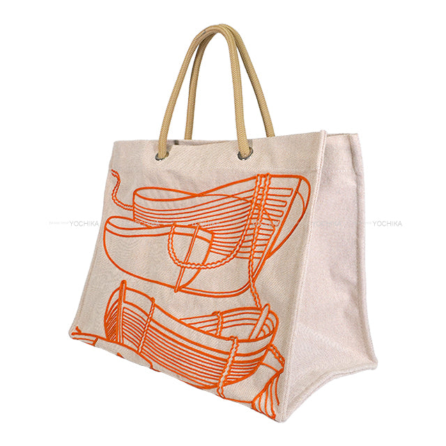 [Pre-loved] HERMES tote bag Beach Bag Cabas De Plage Thalassa Beige/Orange Toile Brodee Silver HW[LIKE NEW][Authentic]