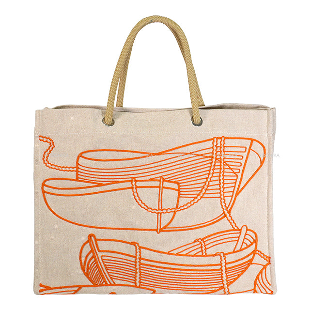 [Pre-loved] HERMES tote bag Beach Bag Cabas De Plage Thalassa Beige/Orange Toile Brodee Silver HW[LIKE NEW][Authentic]
