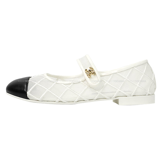 2025SS COCO Beach CHANEL ballet shoes(flat shoes) Flat Turn lock Mary Jane Coco mark Blanc (White)/Noir (Black) Mesh/Lambskin #37.5 Gold HW G46419[BRAND NEW][Authentic]