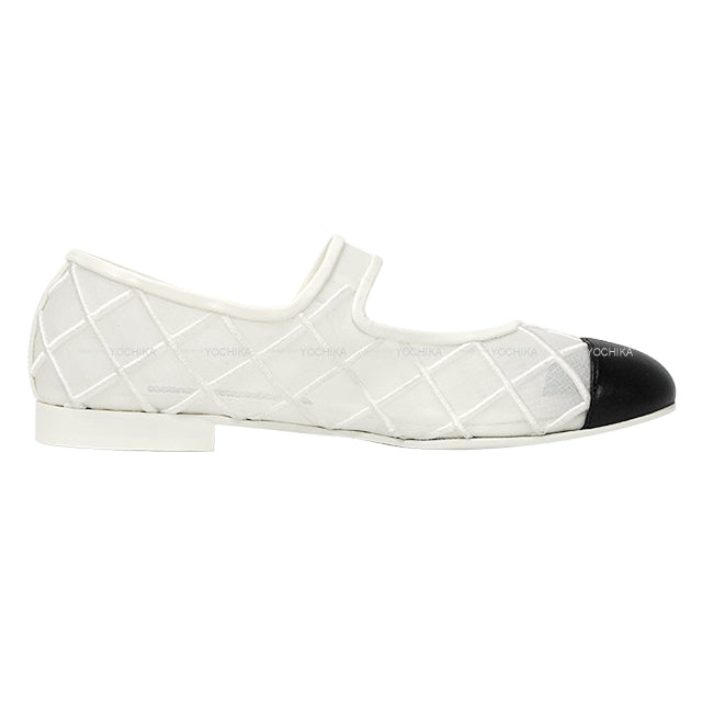 2025SS COCO Beach CHANEL ballet shoes(flat shoes) Flat Turn lock Mary Jane Coco mark Blanc (White)/Noir (Black) Mesh/Lambskin #37.5 Gold HW G46419[BRAND NEW][Authentic]