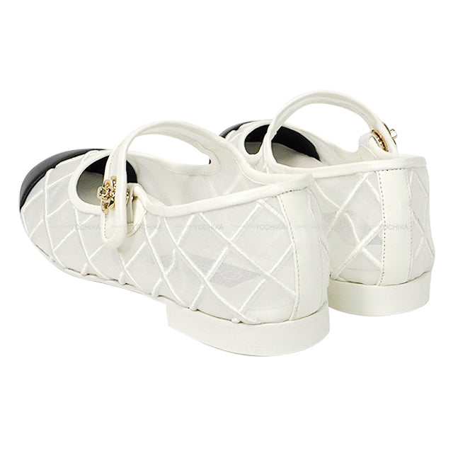 2025SS COCO Beach CHANEL ballet shoes(flat shoes) Flat Turn lock Mary Jane Coco mark Blanc (White)/Noir (Black) Mesh/Lambskin #37.5 Gold HW G46419[BRAND NEW][Authentic]