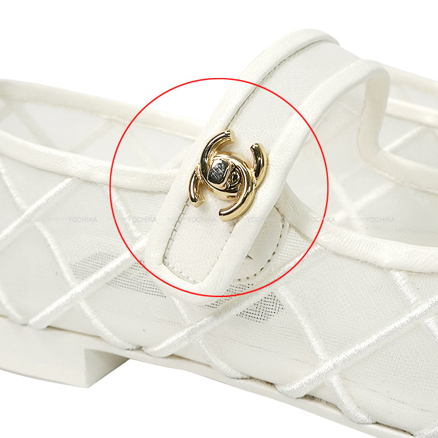 2025SS COCO Beach CHANEL ballet shoes(flat shoes) Flat Turn lock Mary Jane Coco mark Blanc (White)/Noir (Black) Mesh/Lambskin #37.5 Gold HW G46419[BRAND NEW][Authentic]