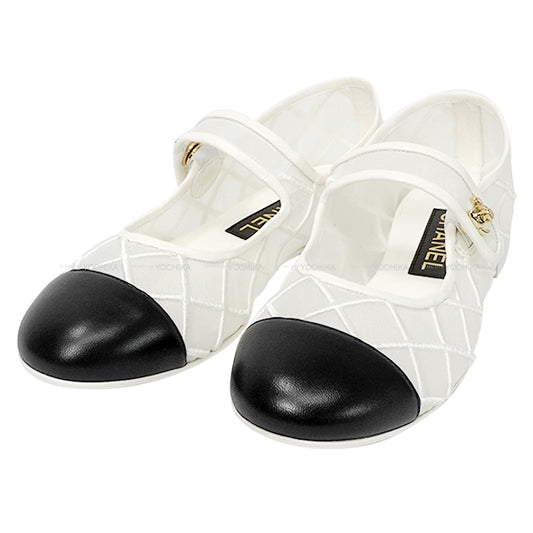 2025SS COCO Beach CHANEL ballet shoes(flat shoes) Flat Turn lock Mary Jane Coco mark Blanc (White)/Noir (Black) Mesh/Lambskin #37.5 Gold HW G46419[BRAND NEW][Authentic]