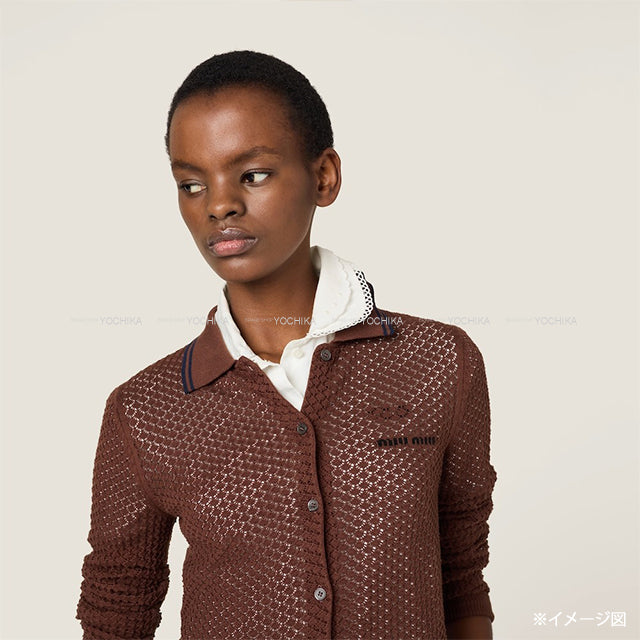 Miu Miu Cardigan Rib Cotton mesh with Race colla Cacao Cotton100% #38 MMF970[BRAND NEW][Authentic]