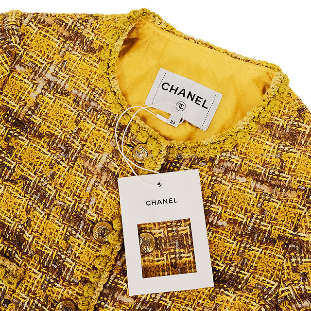 2024 Metiers d'Art CHANEL Plainly colored jacket Coco Mark 4 Pocket Tweed Coat mustard yellow Wool/Cotton/Polyester/other #34 Gold HW P77685[BRAND NEW][Authentic]