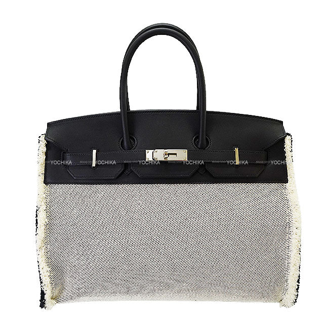 [Pre-loved] HERMES Handbag Birkin35 Fray Fray Noir (Black) /Ecru Toile Twill H/Veau Swift Silver HW Stamp U[LIKE NEW][Authentic]