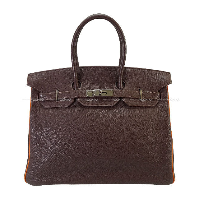 [Pre-loved] HERMES Handbag Birkin35 Bicolor Chocolat/Orange Veau Togo Silver HW Stamp □I[USED A][Authentic]
