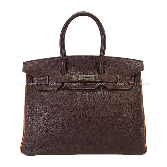 [Pre-loved] HERMES Handbag Birkin35 Bicolor Chocolat/Orange Veau Togo Silver HW Stamp □I[USED A][Authentic]