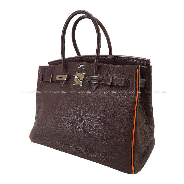 [Pre-loved] HERMES Handbag Birkin35 Bicolor Chocolat/Orange Veau Togo Silver HW Stamp □I[USED A][Authentic]