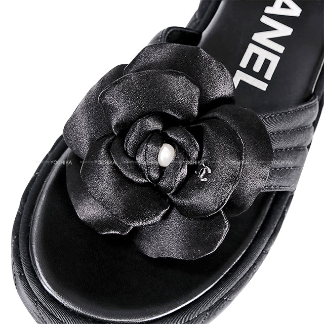 2025 Cruise line CHANEL sandals Camellia COCO mark Pearl Noir (Black) Grosgrain/Satin #39 Silver HW G46108[ALMOST NEW][Authentic]