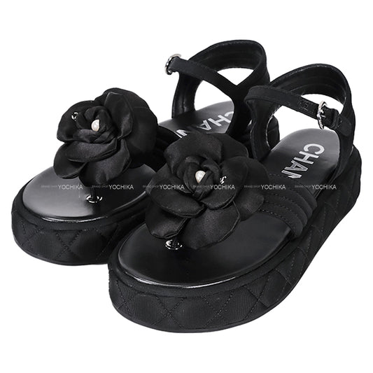 2025 Cruise line CHANEL sandals Camellia COCO mark Pearl Noir (Black) Grosgrain/Satin #39 Silver HW G46108[ALMOST NEW][Authentic]