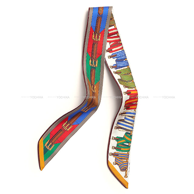 2025SS HERMES scarf Twilly Passe-Passe Cuir Sangles Forever Miel /Vert/Rouge/Multicolor Silk100% /Leather[BRAND NEW][Authentic]