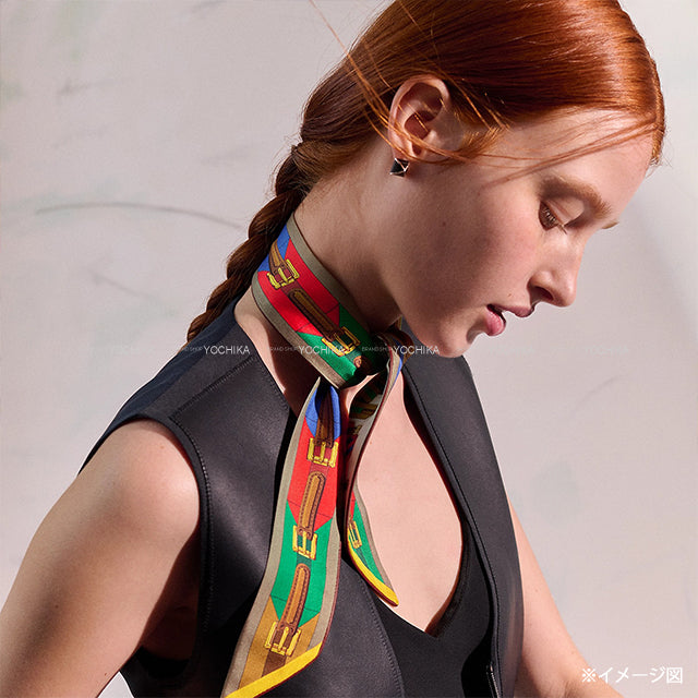 2025SS HERMES scarf Twilly Passe-Passe Cuir Sangles Forever Miel /Vert/Rouge/Multicolor Silk100% /Leather[BRAND NEW][Authentic]