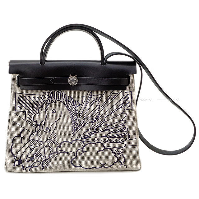 HERMES Shoulder bag HerBag Zip 31 PM PEGASE POP Blue Indigo/Noir (Black) Toile H/Vache Hunter Silver HW Stamp Y[EXCELLENT][Authentic]