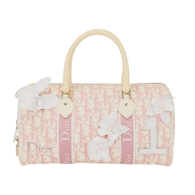 [Pre-loved] Dior Boston bag Trotter Mini Boston Bag Flower Ribbon No.1 Pink /Ivory Canvas Silver HW[USED A][Authentic]