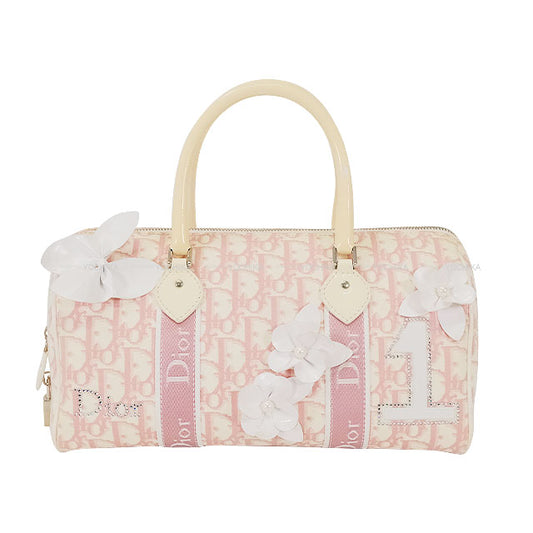 [Pre-loved] Dior Boston bag Trotter Mini Boston Bag Flower Ribbon No.1 Pink /Ivory Canvas Silver HW[USED A][Authentic]