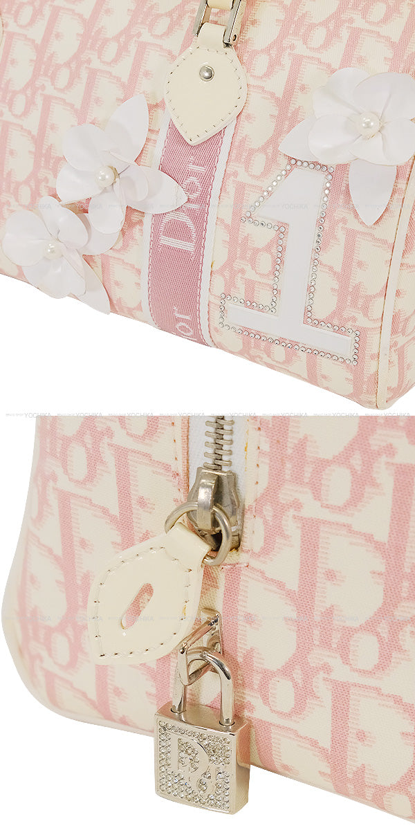 [Pre-loved] Dior Boston bag Trotter Mini Boston Bag Flower Ribbon No.1 Pink /Ivory Canvas Silver HW[USED A][Authentic]