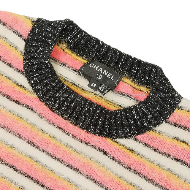 2022AW Metiers d'Art Collection CHANEL Sweater Coco Button Border Pullover Long Sleeve Knit Pink/white/black/dark yellow Alpaca/Cotton/Nylon #38 P72906[ALMOST NEW][Authentic]