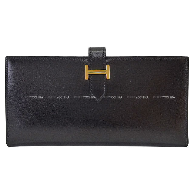 HERMES long wallet Bearn Soufflet Noir (Black) Box Calf Gold HW Stamp U[EXCELLENT][Authentic]