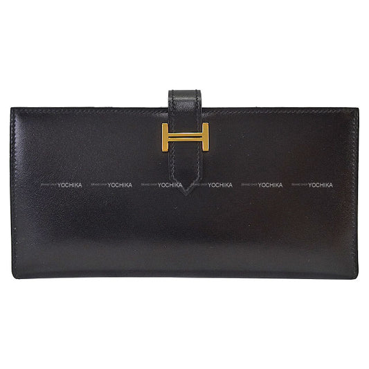 HERMES long wallet Bearn Soufflet Noir (Black) Box Calf Gold HW Stamp U[EXCELLENT][Authentic]