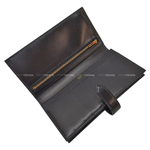 HERMES long wallet Bearn Soufflet Noir (Black) Box Calf Gold HW Stamp U[EXCELLENT][Authentic]