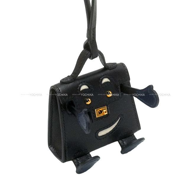 HERMES bag charm Bijoux de SAC Kelly doll Noir (Black)/Bleu Saphir/Mushroom Veau Tadelakt Gold HW Stamp B[EXCELLENT][Authentic]
